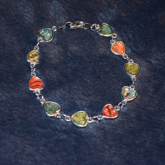 Bracelet Metal Heart Shapes Chained Abalone Sea Shells Multi-Colors Enamel Clasp - Picture 1 of 6